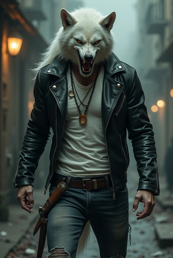 A pale vampire with a human body and a werewolf-headed hybrid, with a muscular body and wearing a black leather jacket with a white ripped t-shirt underneath and jeans with a belt where he carries a sword