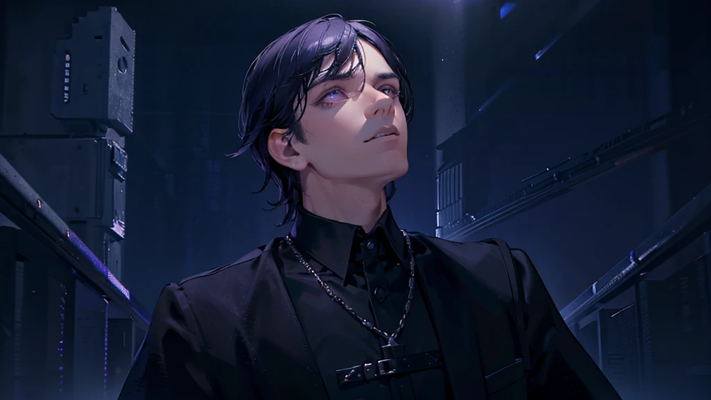 a gothic man with black hair, purple eyes looking up at the starry sky, the stars reflected in his eyes, dark and mysterious, cinematic, dramatic lighting, moody atmosphere, hyper-detailed, 8K, high quality, photorealistic