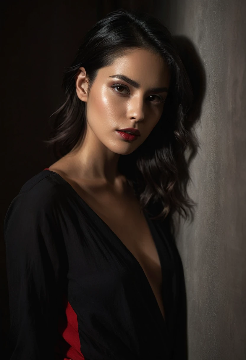 woman bathed in soft light, leaning against a wall, looking into the camera in a moment of raw emotion. Her attire is minimal, accentuating her beauty with the dramatic shadows cast by the lighting. The background is stark, with sharp contrasts highlighting the contours of her form. The red and black palette intensifies the mood, evoking a sense of mystery and allure. Subtle film grain and meticulous shading add depth and texture, emphasizing the emotional gravity of the scene. The lighting creates a chiaroscuro effect, accentuating her expressive pose and the intense atmosphere.