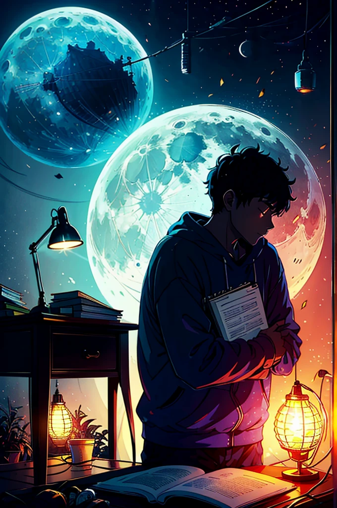 A student spends the night studying in his room, with a soft lamp illuminating their notebooks. Out there, the moon shines, and the lo-fi music plays softly in the background.