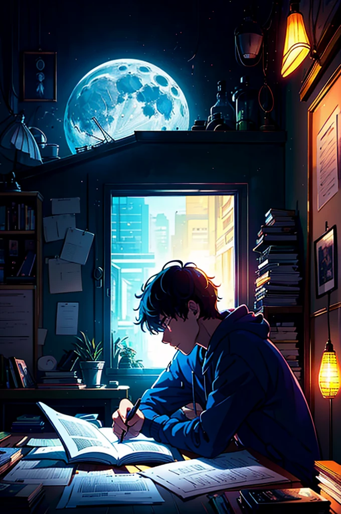 A student spends the night studying in his room, with a soft lamp illuminating their notebooks. Out there, the moon shines, and the lo-fi music plays softly in the background.