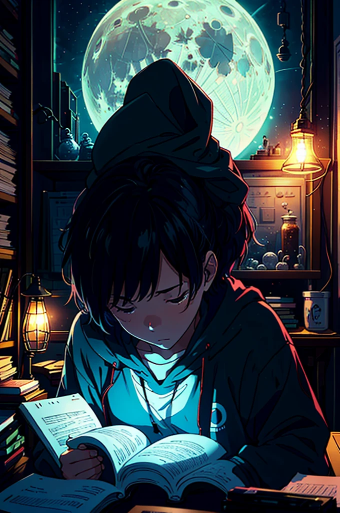 A student spends the night studying in his room, with a soft lamp illuminating their notebooks. Out there, the moon shines, and the lo-fi music plays softly in the background.
