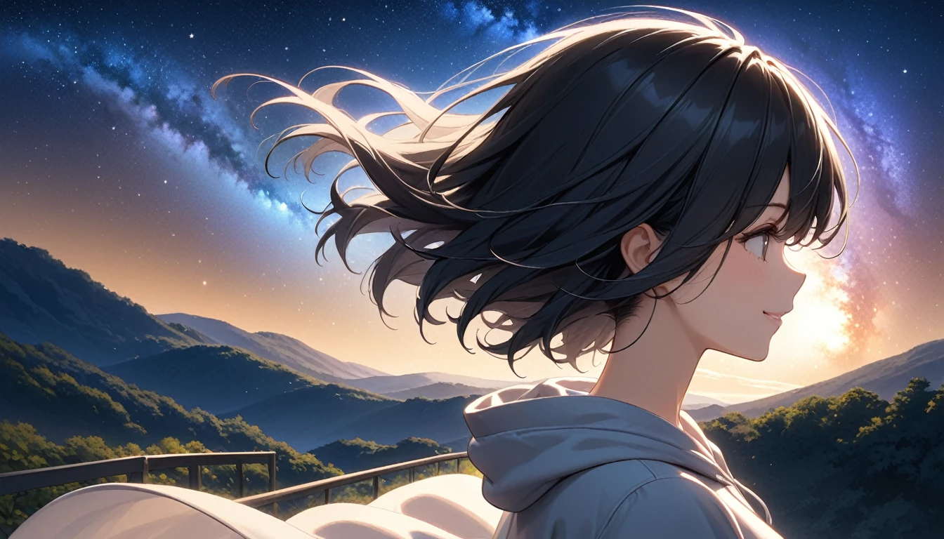 Starry Sky、milky way、One woman、Black Hair、Short Hair、Hair blowing in the wind、profile、smile、Wearing a hoodie、Back view、Full body portrait