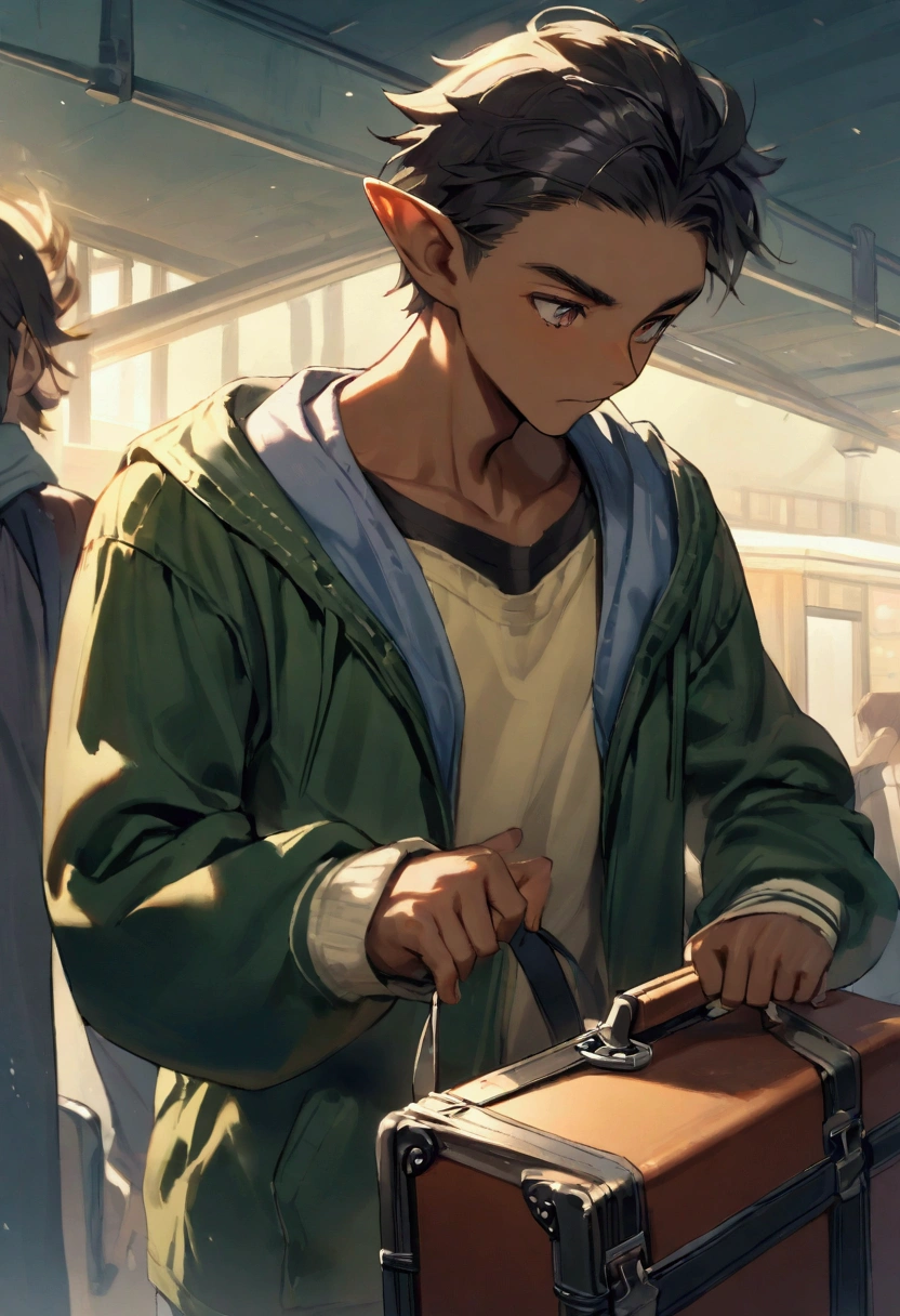 a age man, dark-skinned, pointy ears, using case and play