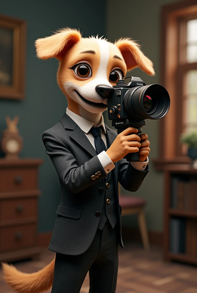 cute dog，Personification，Holding a camera，tripod，Photographer，Photo gesture,Set,Suit，tie, (Delicate face), (Fine hairs)，（35mm Cinema Lens），（Multi-angle shooting），（many viewing angles）