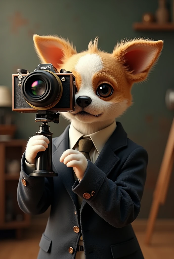 cute dog,Personification,Holding a camera,tripod,Photographer,Photo gesture,Set,Suit,tie, (Delicate face), (Fine hairs),(35mm Cinema Lens),(Multi-angle shooting),(many viewing angles)