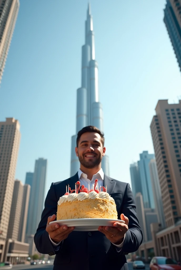 Holding a cake in front of Burj Khalifa