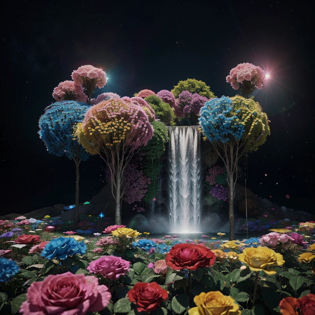 Shiny beautiful colorful diamond-rose flowers,Mesmerizing Cosmic Waterfall in a Psychedelic World psychedlic colors, in the style of 3D, octane render, 8k, ray-tracing, blender, hyper-detailed,best professional photo,High resolution photo

