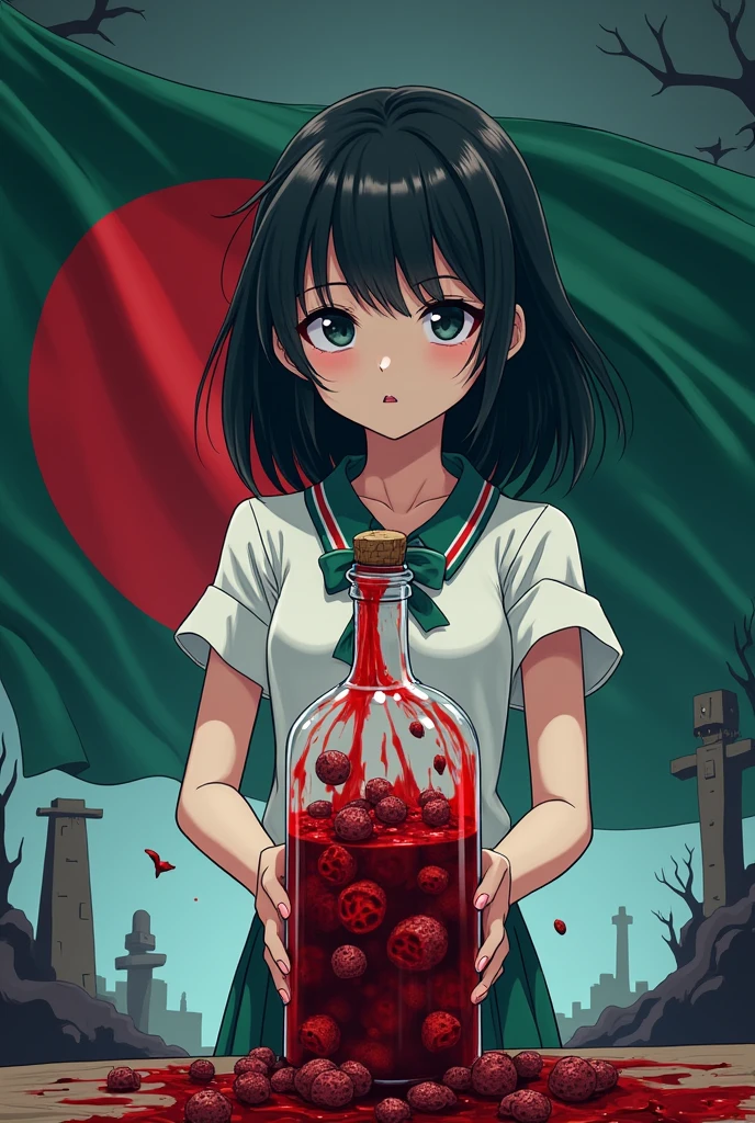 A anime girl have a bottle of red blood filled with man's dead body. There is a anime background . The national flag of Bangladesh is flowing behind the bottle.