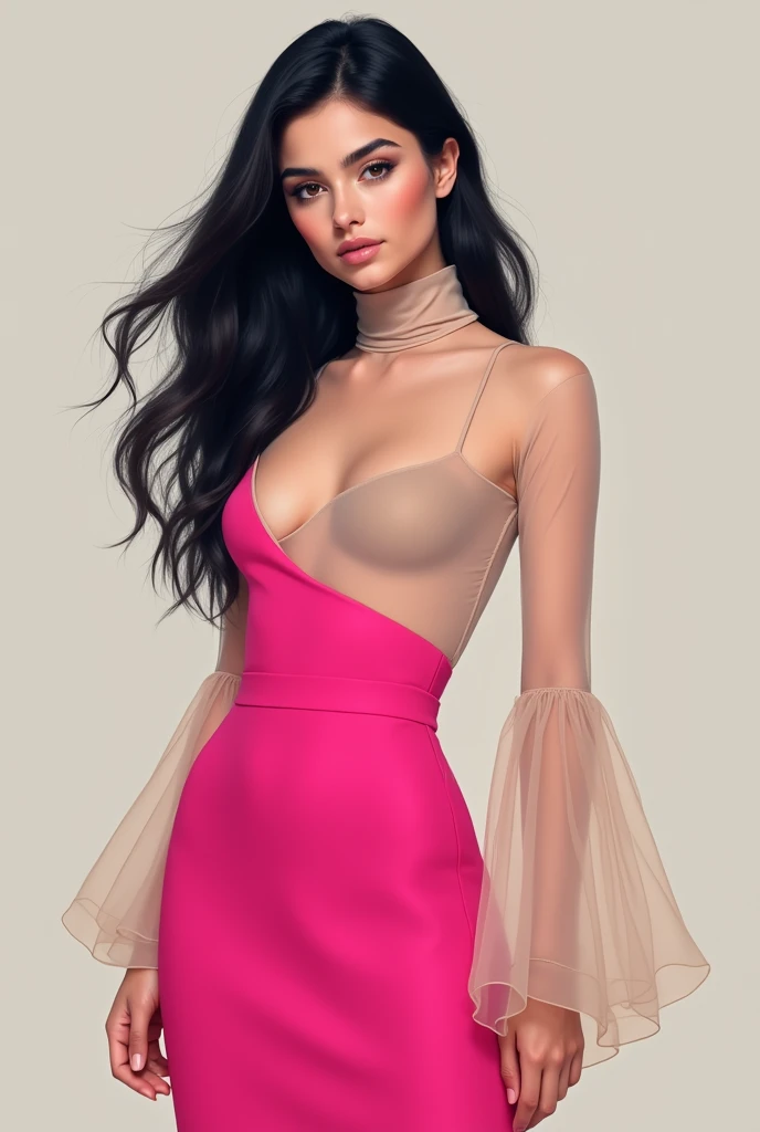 A girl wearing A hot pink mid length sleeveless dress  underneath a nude colour mesh top with long sleeve and turtleneck 