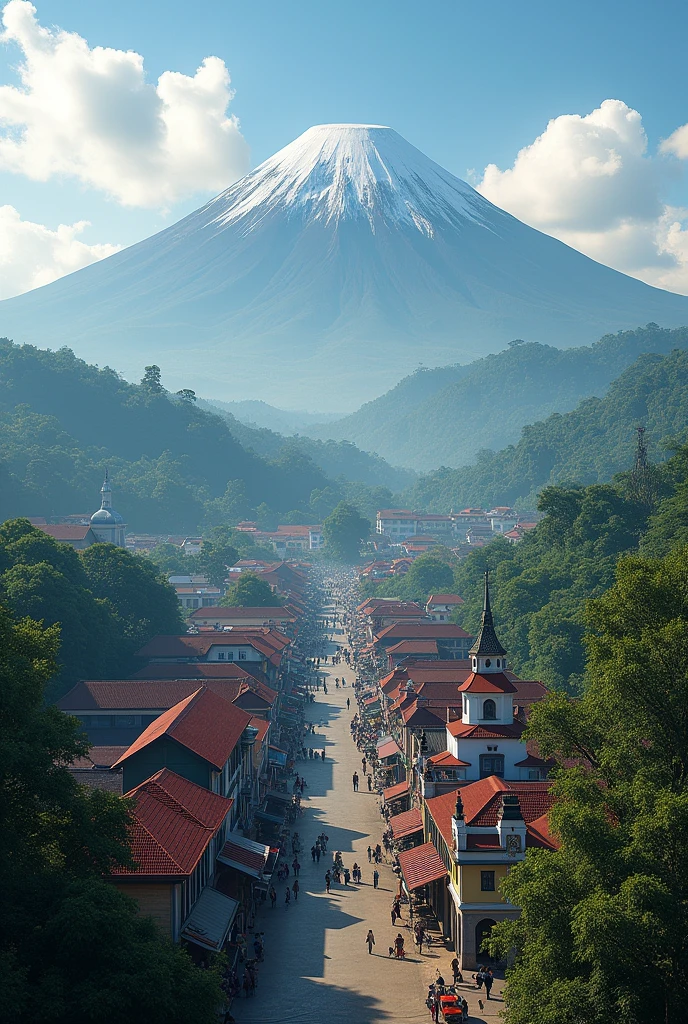Create a city of Wonosobo with a view of two Sindro Sumbing mountains
