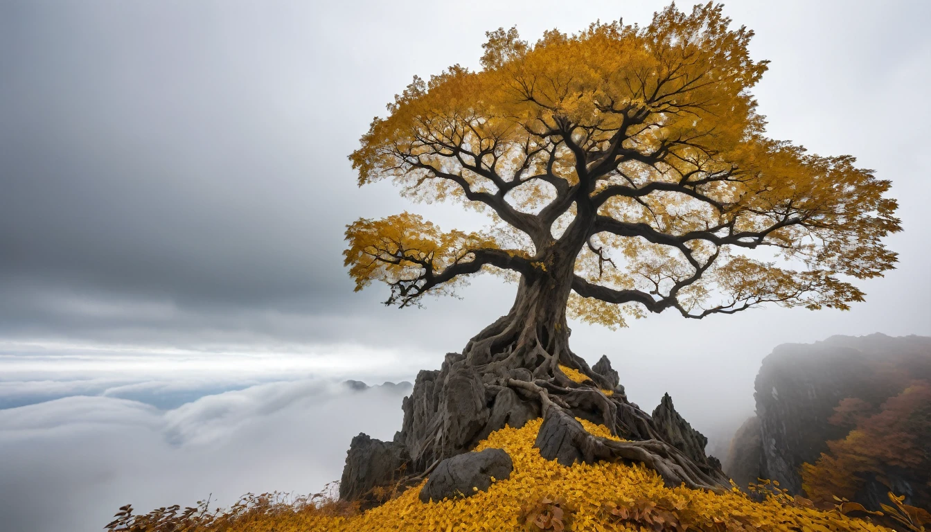 ((masterpiece, Fantasy,300kmの巨木の幹がcliff下から空まで伸びている, A lot of golden leaves in the sky, Cloudy sky on background, Angle to look up at the giant tree)),cliff,hill, grassland, fog, A quarter of the screen is a tree trunk