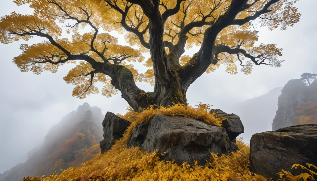 ((masterpiece, Fantasy,300kmの巨木の幹がcliff下から空まで伸びている, A lot of golden leaves in the sky, Cloudy sky on background, Angle to look up at the giant tree)),cliff,hill, grassland, fog, A quarter of the screen is a tree trunk