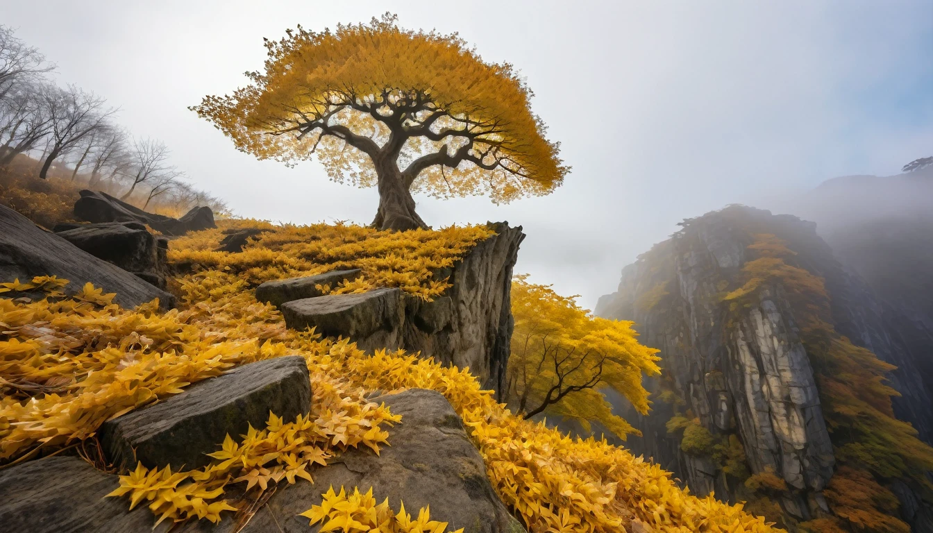 ((masterpiece, Fantasy,300kmの巨木の幹がcliff下から空まで伸びている, A lot of golden leaves in the sky, Cloudy sky on background, Angle to look up at the giant tree)),cliff,hill, grassland, fog, A quarter of the screen is a tree trunk