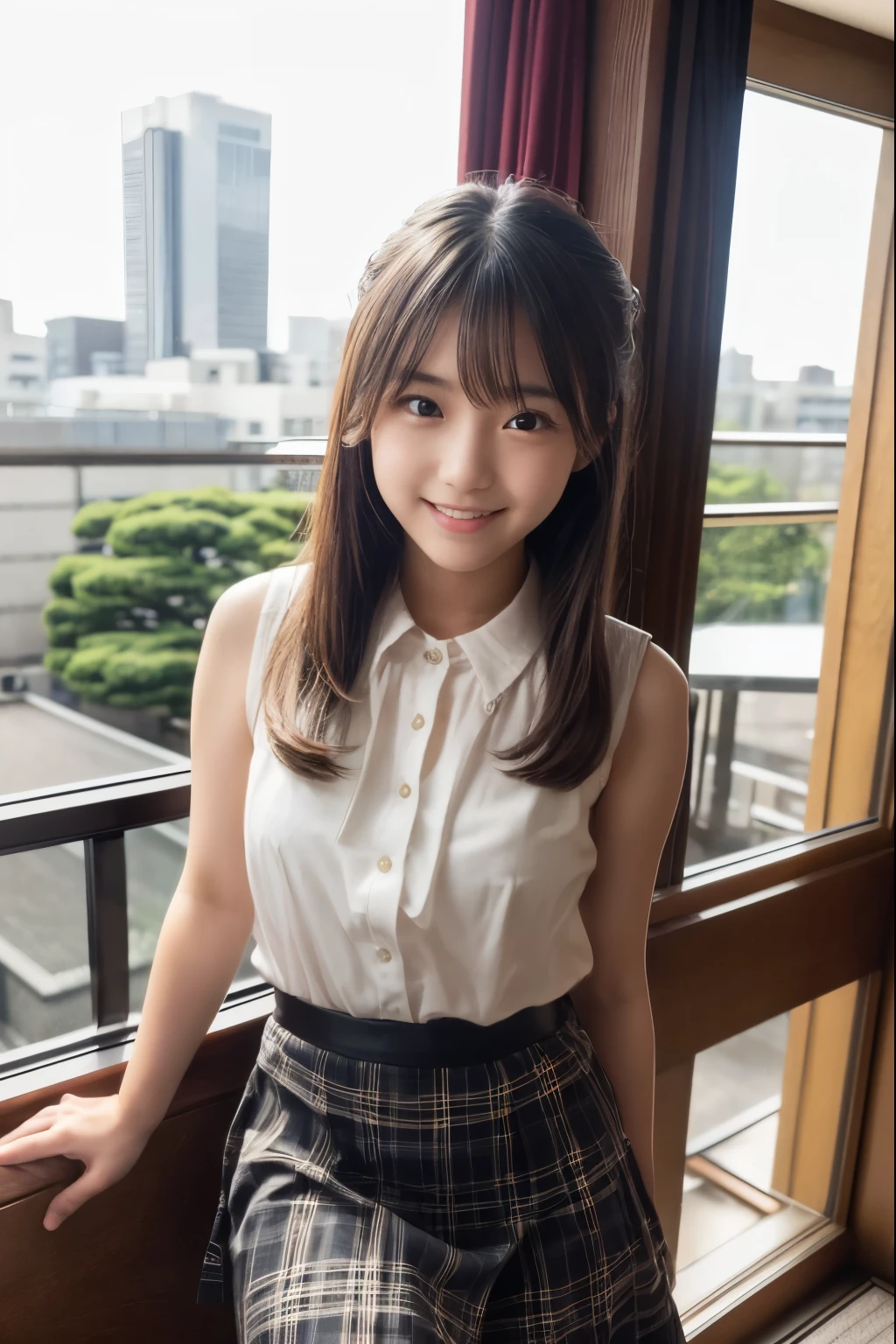 smile、((NSFW))、((camel toe))、((female organ:1.1))、(masterpiece, best image quality:1.2), 8k, , beautiful girl, short sleeveの大きな白シャツ、cute face、 body shot、school uniform、 thighs、short sleeve、sunset、orange light