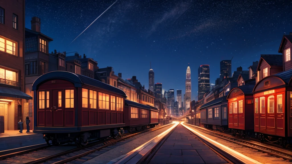 modern city at night, buildings, carriages, starry sky, moonligh, reddish color palette, cat looking up at the sky