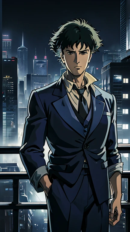 (1man, spikespiegel), (extremely detailed CG unit 8k wallpaper),(master part), (best quality), (ultra detail), (best illustration),(ghibli style), cowboy shot, (Sharp eyeliner, ombre, detail eyes:1), dark city, outdoors, ,break , (mad-sincity), upper body,1940s, noir, night, formal
suit
jacket
necktie
pants