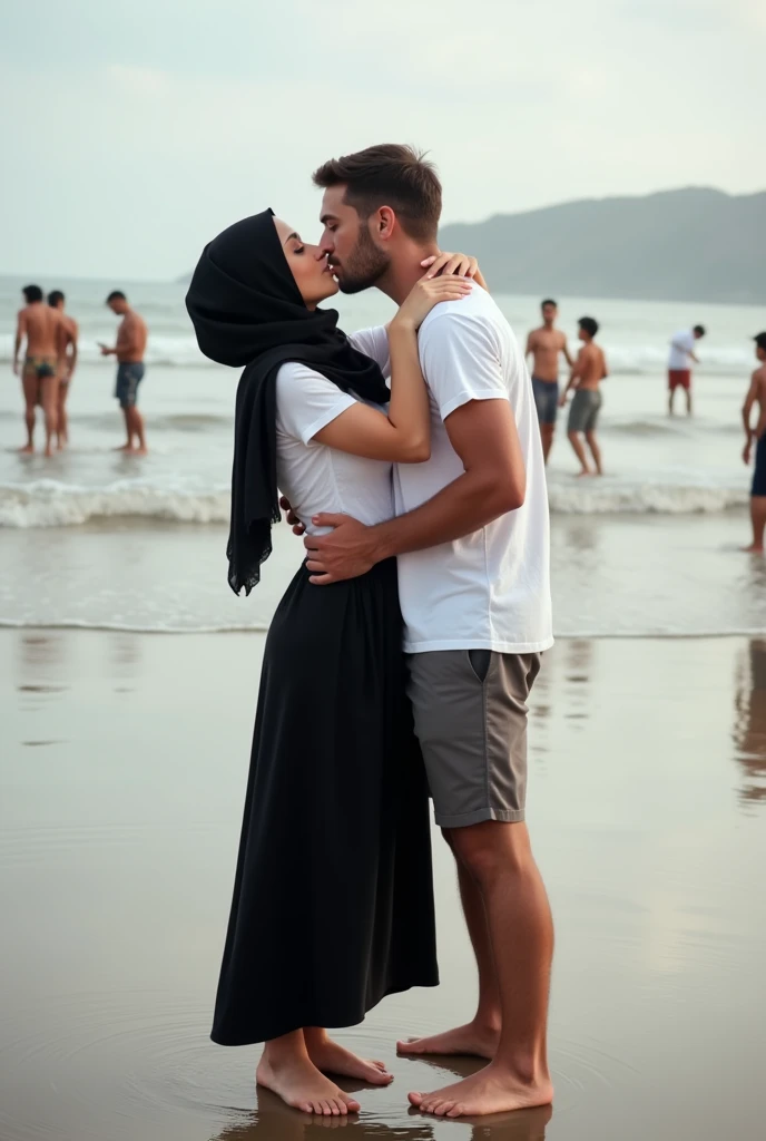 black skirt, with black headscarf, white t-shirt, Barefoot woman kissing man on the beach, 100 people are watching them