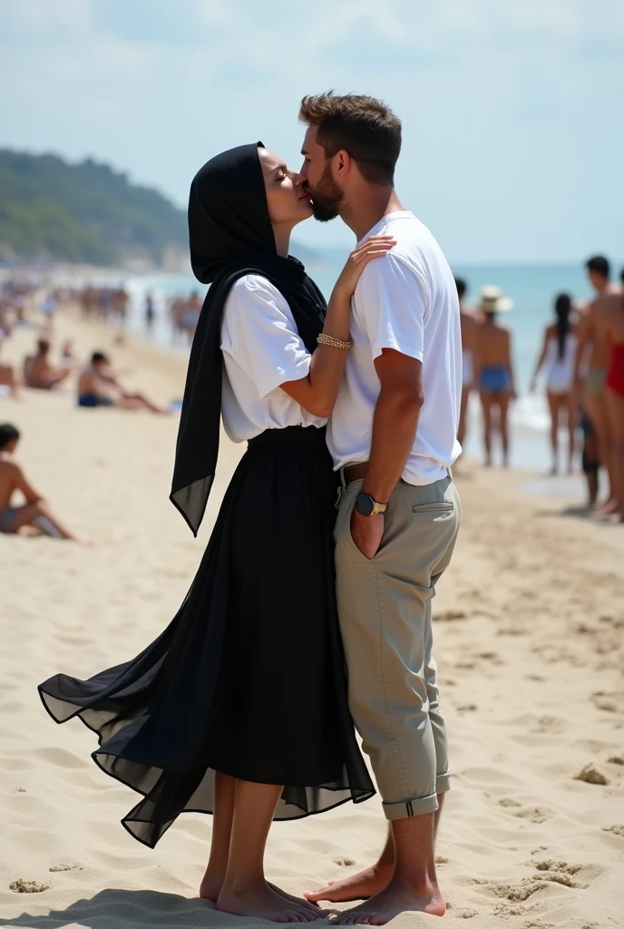 black skirt, with black headscarf, white t-shirt, Barefoot woman kissing man on the beach, 100 people are watching them