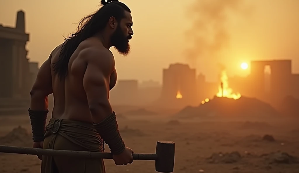 Captured from distance, evening time, character from Mahabharata, post war scene, warrior named Bheema, muscular holding huge mallet, backlight, foggy and burning ruins, 