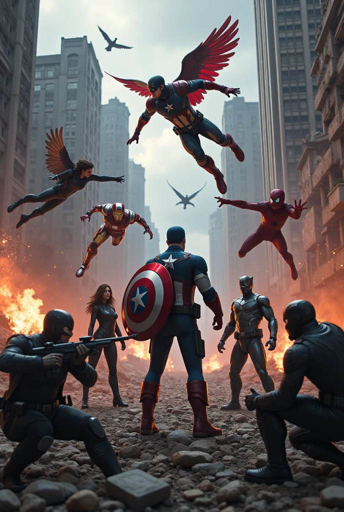 A battle scene set in a devastated urban landscape, capturing the intense conflict of the Avengers' Civil War. On one side stands Captain America, clad in his iconic red, white, and blue suit, holding his vibranium shield up defensively. His stance is firm and resolute as he leads his team. To his right, Black Widow crouches low in her sleek, black tactical suit, gripping twin batons, ready to strike with precision. Falcon soars above them, his red metal wings spread wide, diving towards the battle with a fierce look of determination. Winter Soldier is beside Captain America, his metallic arm gleaming, as he aims his rifle with deadly focus.Opposing them is Iron Man, hovering slightly above the ground in his advanced red and gold suit, repulsor beams glowing as he prepares to unleash a powerful blast. His expression is determined, reflecting the weight of the battle. Behind him, War Machine stands in his heavily armored gray suit, loaded with heavy artillery, ready to unleash a barrage of firepower. Spider-Man, in his red and blue suit with web shooters at the ready, swings between the crumbling buildings, agile and prepared to engage. Black Panther, with his sleek, black vibranium suit, crouches low, ready to pounce with claws extended.The battlefield is chaotic, with rubble, smoke, and fire everywhere. Energy blasts from Iron Man and War Machine streak across the scene, while Captain America’s shield deflects a shot. The heroes are locked in intense combat, each caught in a moment of action that highlights their unique abilities and the fierce divide between them. The sky is dark with storm clouds, adding to the tension and drama of this epic clash