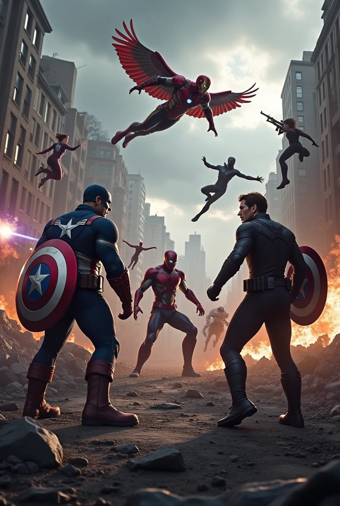 A battle scene set in a devastated urban landscape, capturing the intense conflict of the Avengers' Civil War. On one side stands Captain America, clad in his iconic red, white, and blue suit, holding his vibranium shield up defensively. His stance is firm and resolute as he leads his team. To his right, Black Widow crouches low in her sleek, black tactical suit, gripping twin batons, ready to strike with precision. Falcon soars above them, his red metal wings spread wide, diving towards the battle with a fierce look of determination. Winter Soldier is beside Captain America, his metallic arm gleaming, as he aims his rifle with deadly focus.Opposing them is Iron Man, hovering slightly above the ground in his advanced red and gold suit, repulsor beams glowing as he prepares to unleash a powerful blast. His expression is determined, reflecting the weight of the battle. Behind him, War Machine stands in his heavily armored gray suit, loaded with heavy artillery, ready to unleash a barrage of firepower. Spider-Man, in his red and blue suit with web shooters at the ready, swings between the crumbling buildings, agile and prepared to engage. Black Panther, with his sleek, black vibranium suit, crouches low, ready to pounce with claws extended.The battlefield is chaotic, with rubble, smoke, and fire everywhere. Energy blasts from Iron Man and War Machine streak across the scene, while Captain America’s shield deflects a shot. The heroes are locked in intense combat, each caught in a moment of action that highlights their unique abilities and the fierce divide between them. The sky is dark with storm clouds, adding to the tension and drama of this epic clash