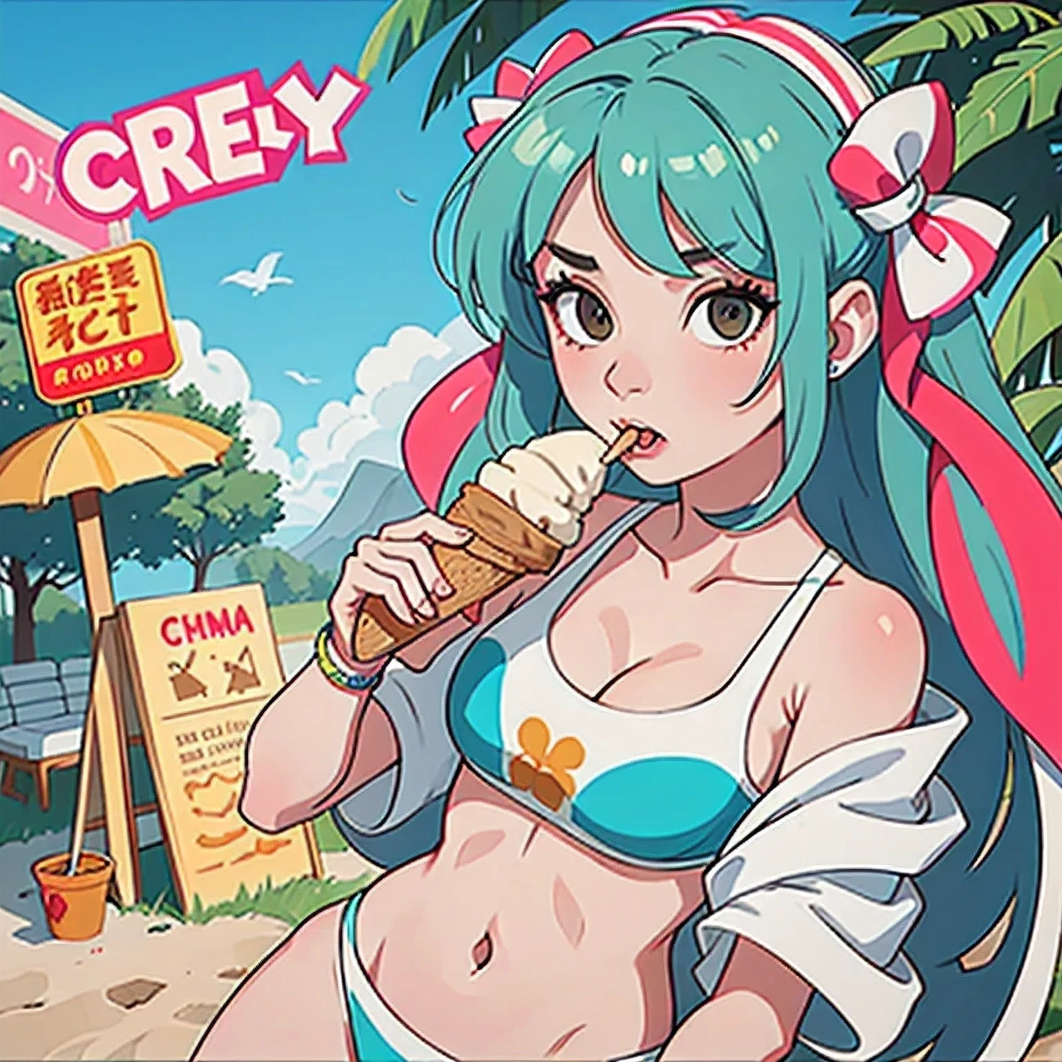 girl in a bikini eating an ice cream cone, eating ice cream, in a bikini, angela white, giorgia meloni, katy perry, in bikini, eating ice - cream, wearing spandex bikini, ice cream on the side, bikini, ice cream, wearing a bikini, candid photo of dirty, shiny plastic bikini, candid shot, cone, 1 girl, solo,in a green dress standing by a wall,portrait of female idol