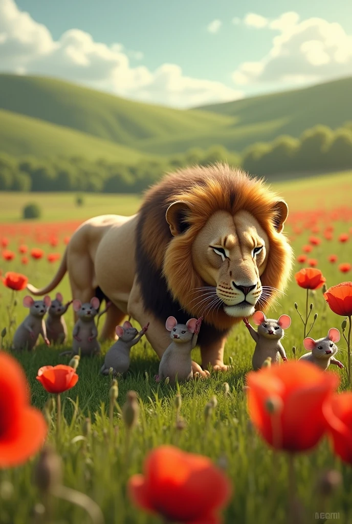 Create an image of a group of mice carrying a large, sleeping lion around a field of poppies.