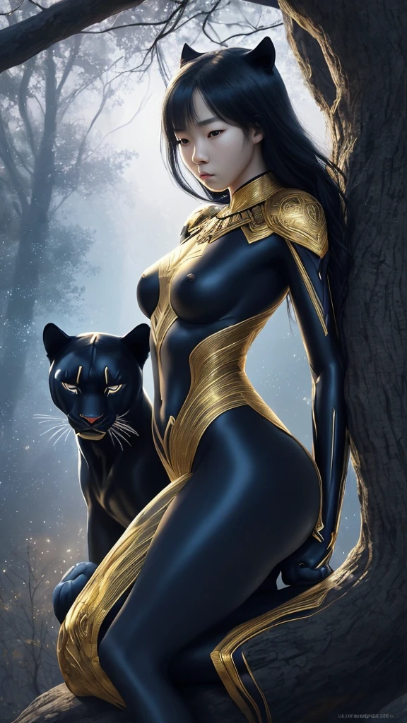 Korean girl, beautiful, full body gold and blue art, reflecting sunlight, 3D cinematic quality, Super realistic HD ultra movie 16k clarity, realistic, full body, reflecting sunlight, living on a tree branch, powerful and scary. He sits on a large black panther with silent elegance, creating a gentle contrast against the dark backdrop. The scene is set against a magical night sky full of twinkling stars. Highlights: The love of a panther, combining power with a charmingly mysterious softness.