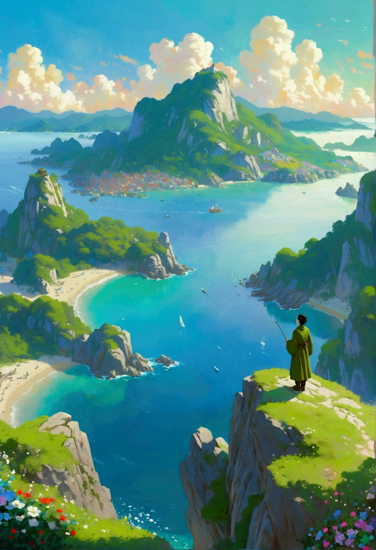 There is a painting,A person standing on a mountain overlooking the sea, Choi Buk's numbers, Pixiv competition winner, Concept Art, A beautiful artistic illustration, Amazing wallpapers, HD Wallpapers, 4k hd illustration wallpaper, Beautiful wallpapers, Desktop Wallpapers, Beautiful digital illustrations, Fantasy illustrations, Color illustrations, Tranquility illustration, high quality Desktop Wallpapers