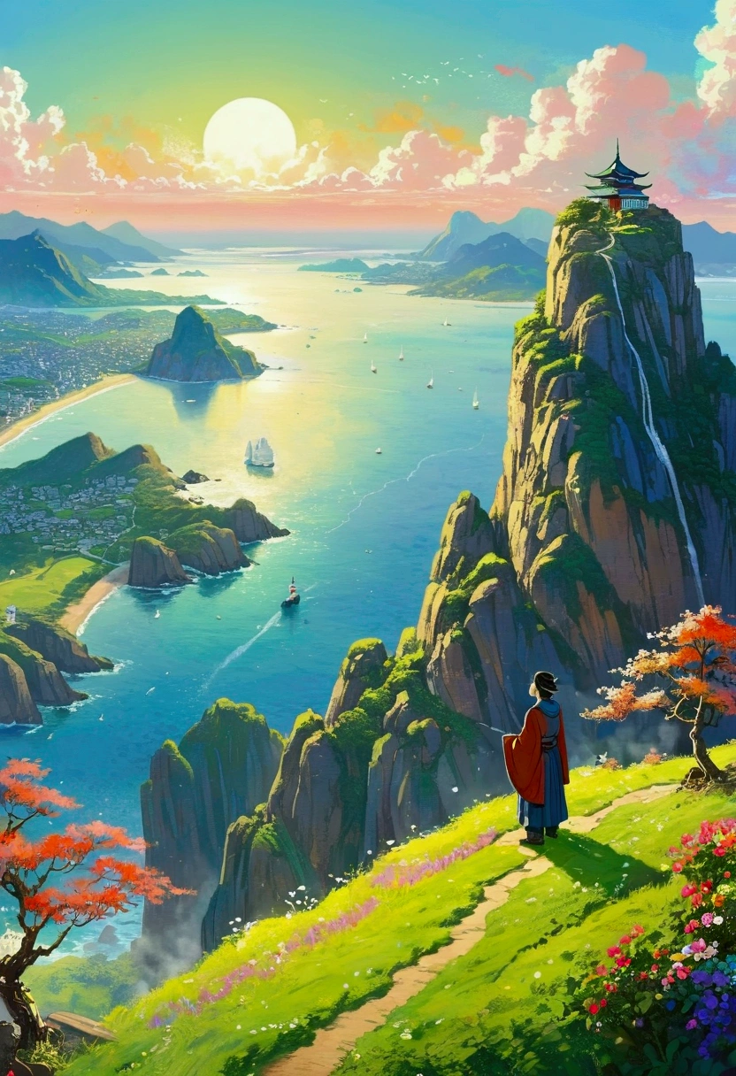There is a painting,A person standing on a mountain overlooking the sea, Choi Buk's numbers, Pixiv competition winner, Concept Art, A beautiful artistic illustration, Amazing wallpapers, HD Wallpapers, 4k hd illustration wallpaper, Beautiful wallpapers, Desktop Wallpapers, Beautiful digital illustrations, Fantasy illustrations, Color illustrations, Tranquility illustration, high quality Desktop Wallpapers