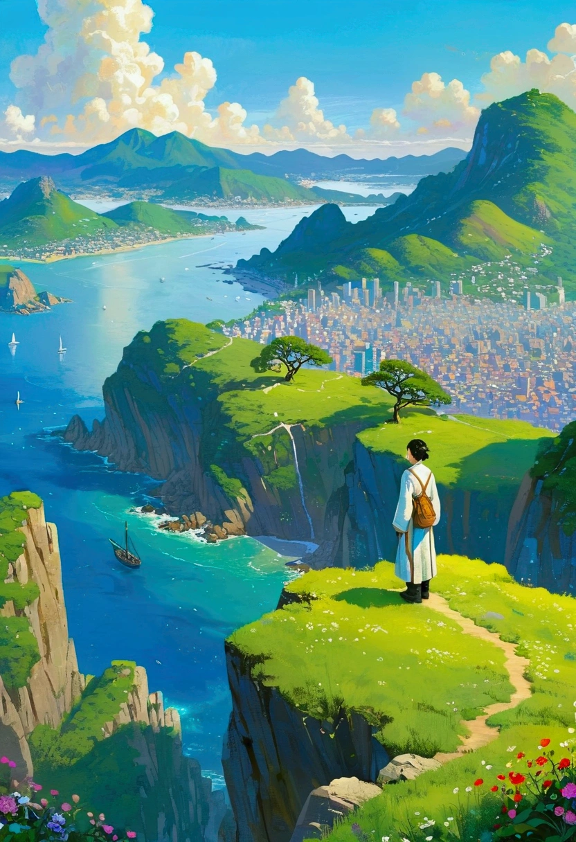 There is a painting,A person standing on a mountain overlooking the sea, Choi Buk's numbers, Pixiv competition winner, Concept Art, A beautiful artistic illustration, Amazing wallpapers, HD Wallpapers, 4k hd illustration wallpaper, Beautiful wallpapers, Desktop Wallpapers, Beautiful digital illustrations, Fantasy illustrations, Color illustrations, Tranquility illustration, high quality Desktop Wallpapers