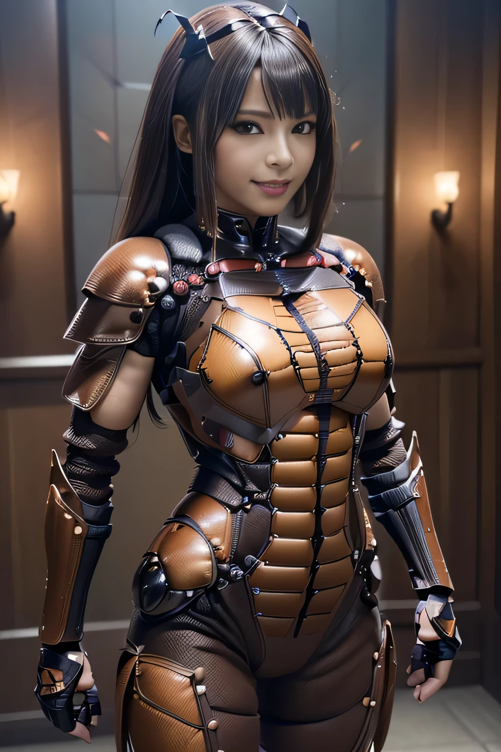 (high resolution,masterpiece,best quality,extremely detailed CG, anime, official art:1.4), realistic, photo, amazing fine details, all intricate, gloss and shiny,awesome many layers, 8k wall paper, 3d, sketch, kawaii, illustration,( solo:1.4), perfect female proportion,villainess, (fusion of dark brown cockroach and lady:1.4), (brown cockroach form lady:1.2), (brown cockroach lady:1.2), (fusion:1.2), (solo:1.4), (evil smile:1.2), muscular, abs, (cockroach brown exoskeleton bio insect suit:1.4), (cockroach brown exoskeleton bio insect armor:1.2), (brown transparency cockroach wing:1.4), (brown cockroach antennae:1.3),