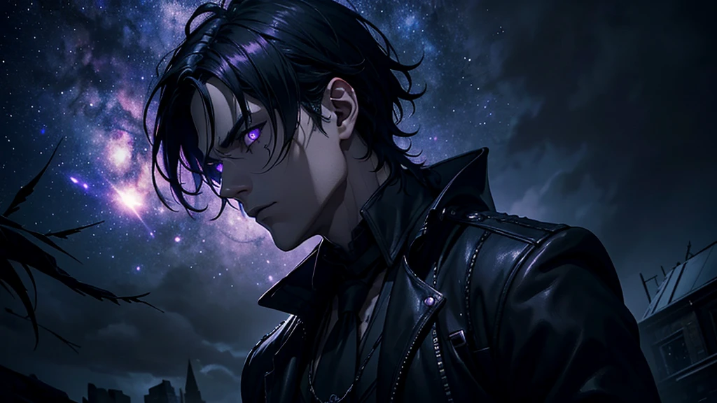 a gothic man with black hair, purple eyes looking up at the starry sky, the stars reflected in his eyes, dark and mysterious, cinematic, dramatic lighting, moody atmosphere, hyper-detailed, 8K, high quality, photorealistic