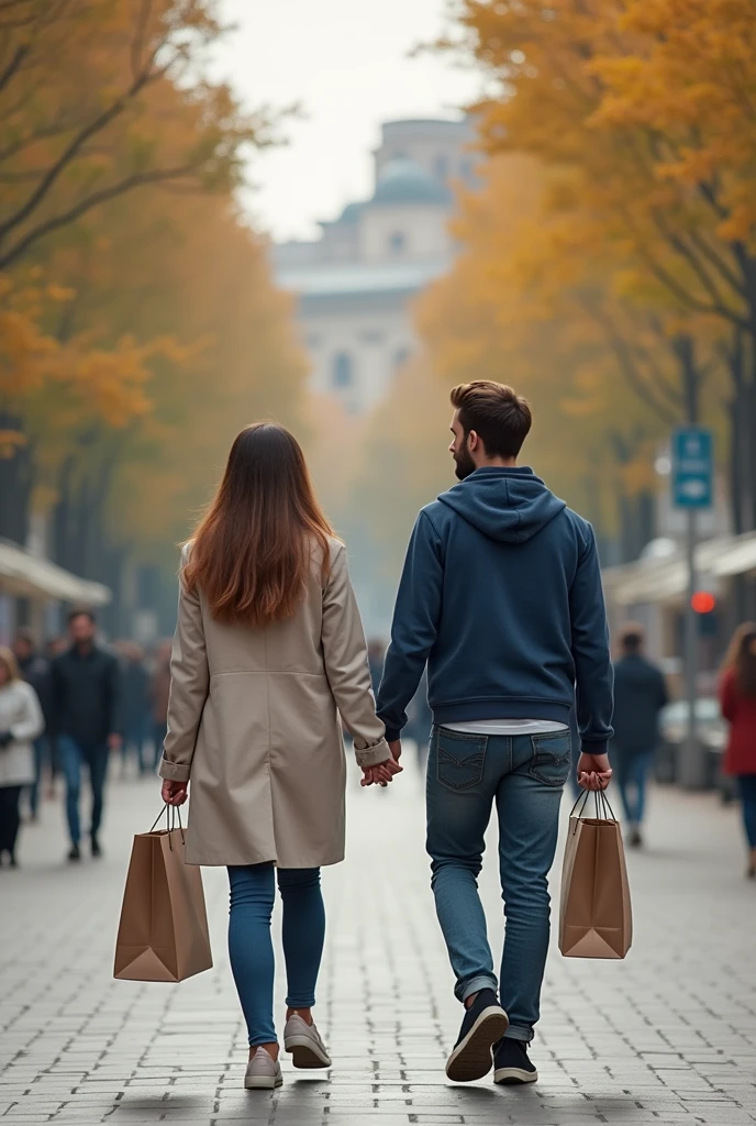 A young man walks with a shopping basket following his girlfriend.