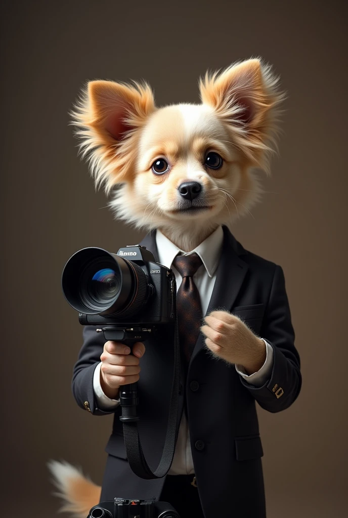 cute dog,Personification,Holding a camera,tripod,Photographer,Photo gesture,Set,Suit,tie, (Delicate face), (Fine hairs),(35mm Cinema Lens),(Multi-angle shooting),(many viewing angles)