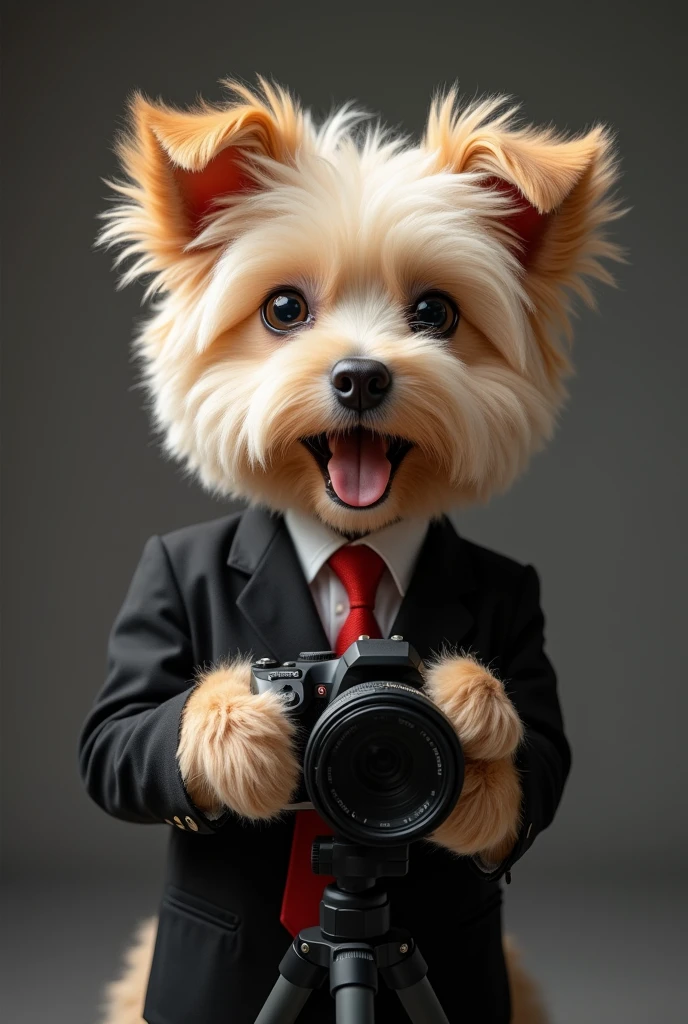 cute dog，Personification，Holding a camera，tripod，Photographer，Photo gesture,Set,Suit，tie, (Delicate face), (Fine hairs)，（35mm Cinema Lens），（Multi-angle shooting），（many viewing angles）