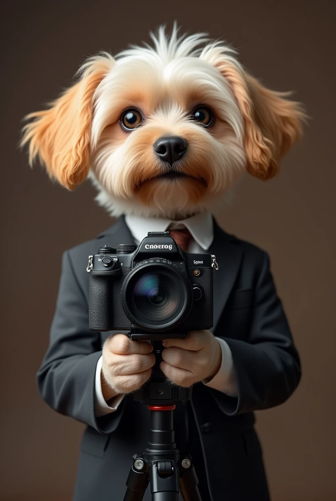 cute dog,Personification,Holding a camera,tripod,Photographer,Photo gesture,Set,Suit,tie, (Delicate face), (Fine hairs),(35mm Cinema Lens),(Multi-angle shooting),(many viewing angles)