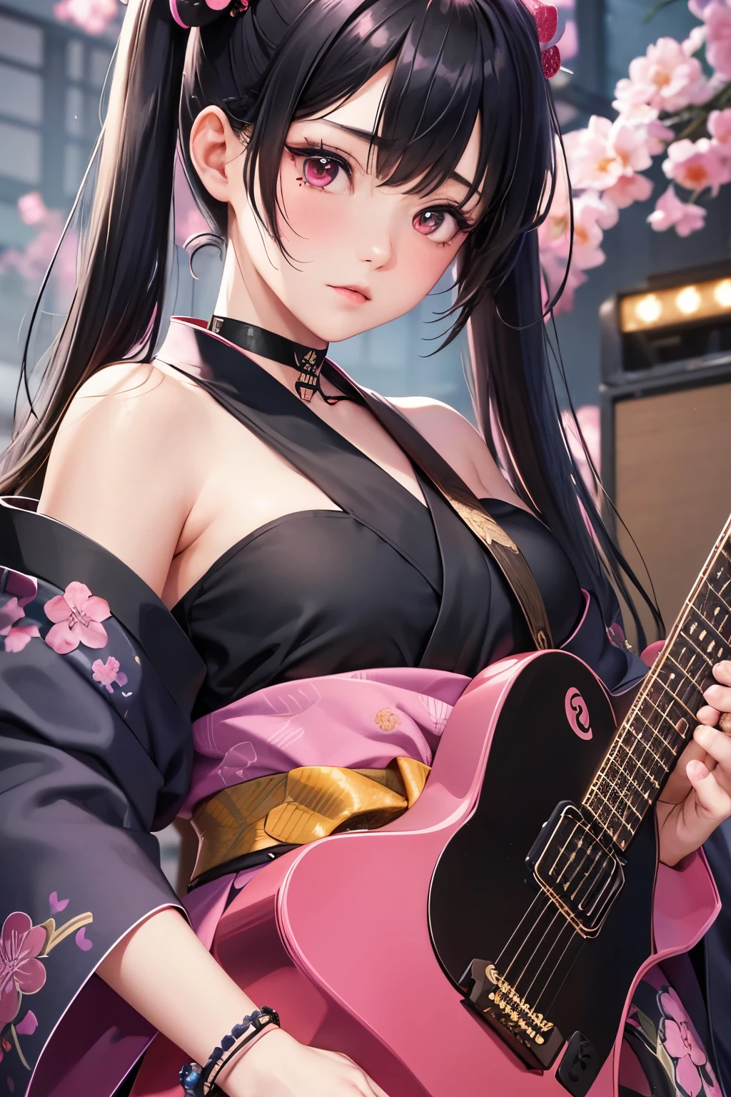 masterpiece, best quality, highly detailed, high resolution, expensive resolution, high resolution, 4K, 8k, Unity 8k wallpaper, highly detailed CG, masterpiece, 2D, 3D, beautiful details, depth, fine texture, best quality: 1.3, perfect focus, crispy skin, he, very cute anime girl, girl wearing a Japanese fancy floral haori hakama and playing guitar vocals in a band, ear mic, outdoor stage, full body, expensive black hair in short twin tails with pink inner, mole under eye, looking at the viewer, expensive, blush, mole, open lips,, heart shaped choker, pink eyes, guitar vocals, ear mic, stage