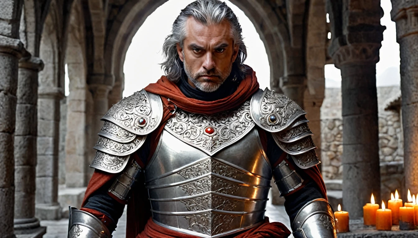 ((masterpiece, The silver armor is intricately decorated and not intended for combat.,Gorgeous filigree armor, Detailed fantasy armor,Has dark orange fur on shoulders)), Inside a stone building, Stone slabs scattered on the floor, A muscular man in armor walking towards the front, dim, Gray Hair, Candles along the walls light up the room., He holds a large, twisted, dark red rapier in his hand., Wearing a dirty cloak, He wears a dirty dark red loincloth under his armor.,There are three small orange gems on the chest., White metal decoration on shoulder