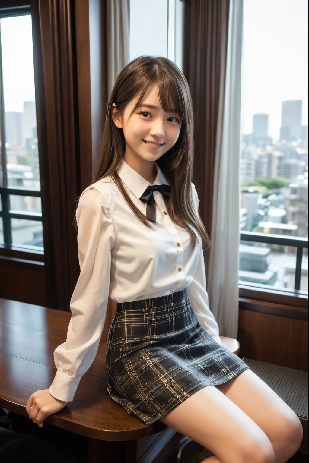 ung girl,very cute and beautiful japanese teenress,highly detailed beautiful face,
white blouse,plaid vest,tight black skirt,looking at viewer,smile,arms behind back,
hotel room in tokyo,gorgeous furnitures,window,town view,real person,photorealistic