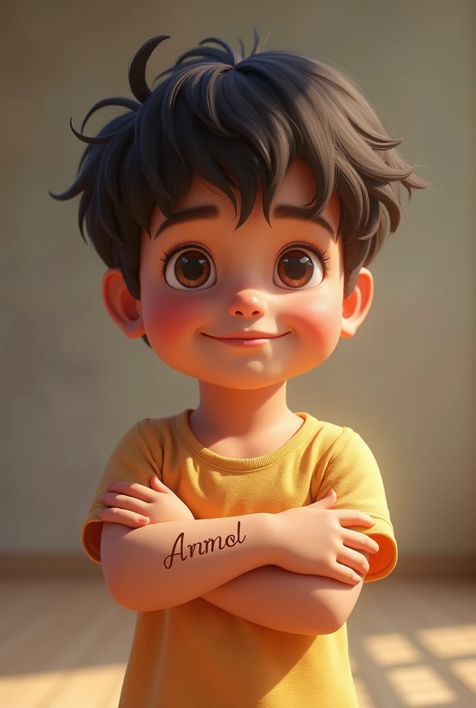 Make a cute Young boy arm and write Anmol name on the arm The Aram looks like real