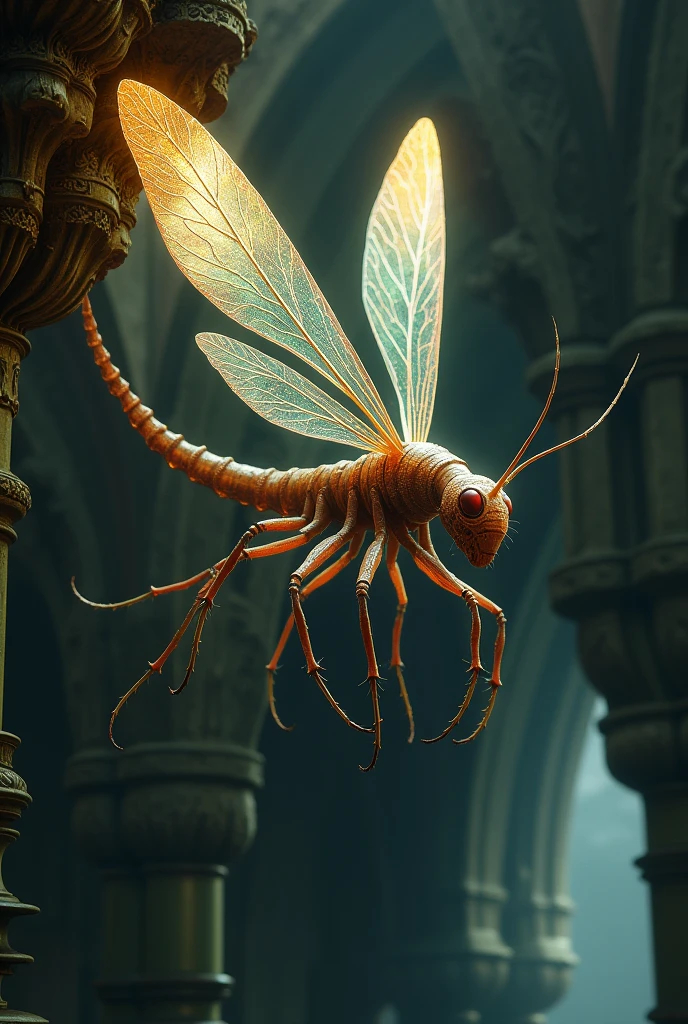 A centipede dragonfly sitting on the ceiling