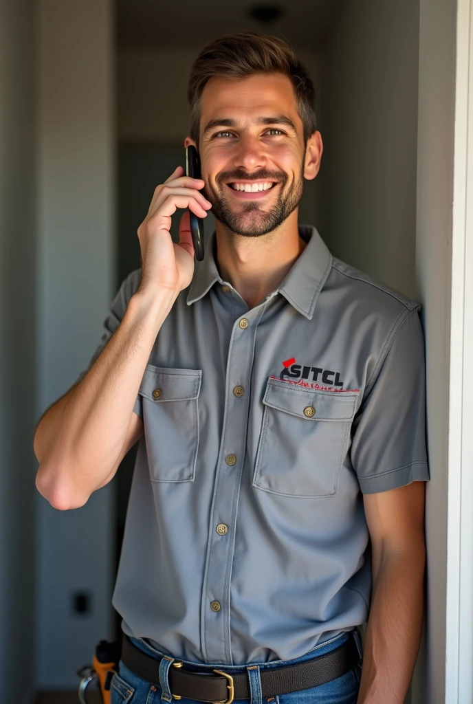 A photorealistic image of a young professional white male plumber holding a smartphone to his right ear as if receiving a call. He is looking to the left, and smiling confidently. His expression shows he's engaged in a pleasant conversation. The man is wearing professional plumber attire, such as a clean, branded polo shirt or work shirt with a company logo. He may have a tool belt or have tools visible in the background. He is standing in a residential or commercial setting, possibly with plumbing fixtures or tools subtly visible in the background. The image is framed from the waist up, with the focus on his face and the phone. The background is slightly blurred. This high-resolution image should resemble a professional stock photo or company website image, not an illustration or cartoon. The overall impression should be of a reliable, professional tradesman