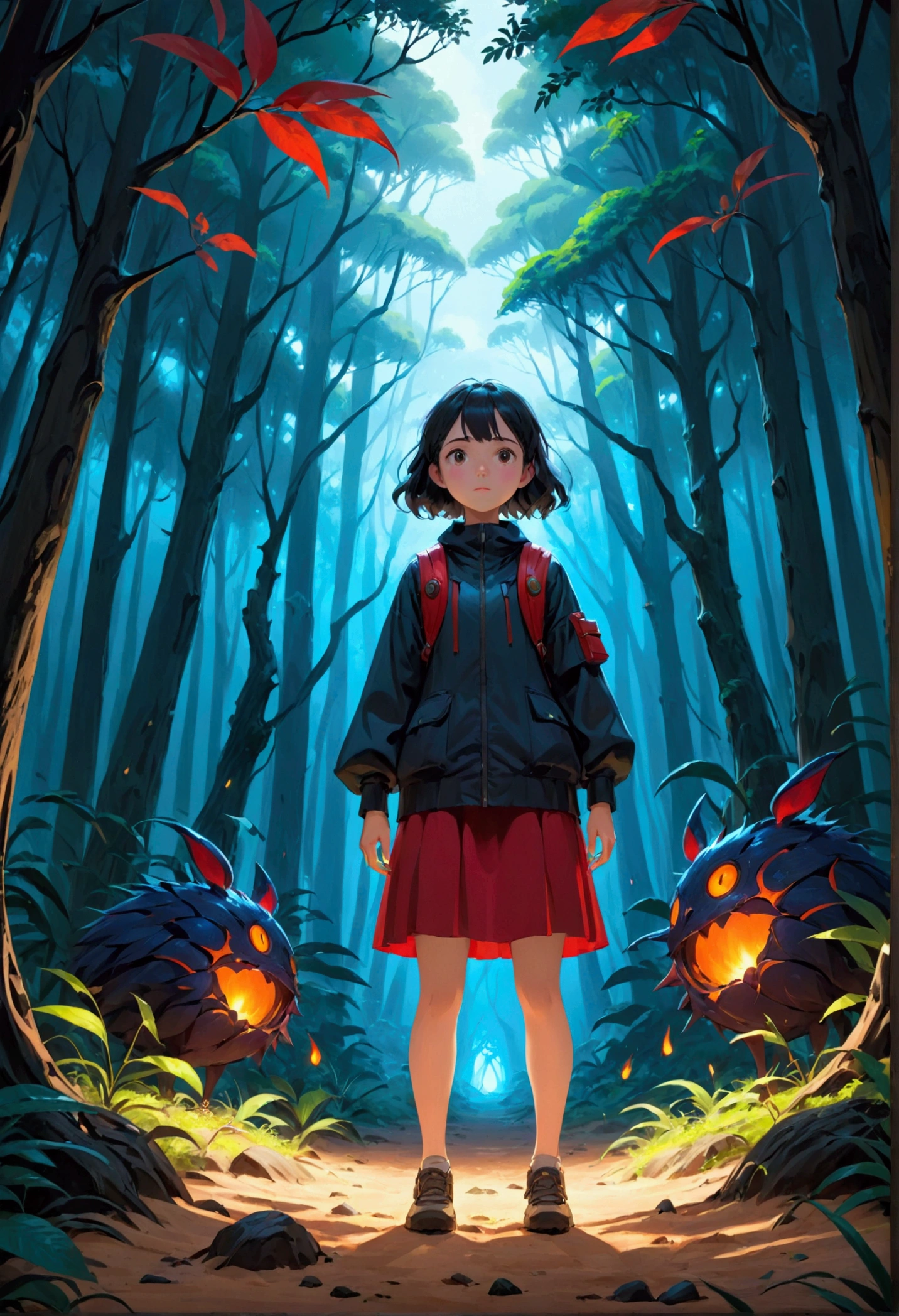 Beautiful girl standing in the dark forest, Epic Style, Octane Rendering, Desert ingredients, Pretty Face, Surrealism, Oil on canvas, The award-winning, masterpiece, Popular on artstation, Studio Ghibli