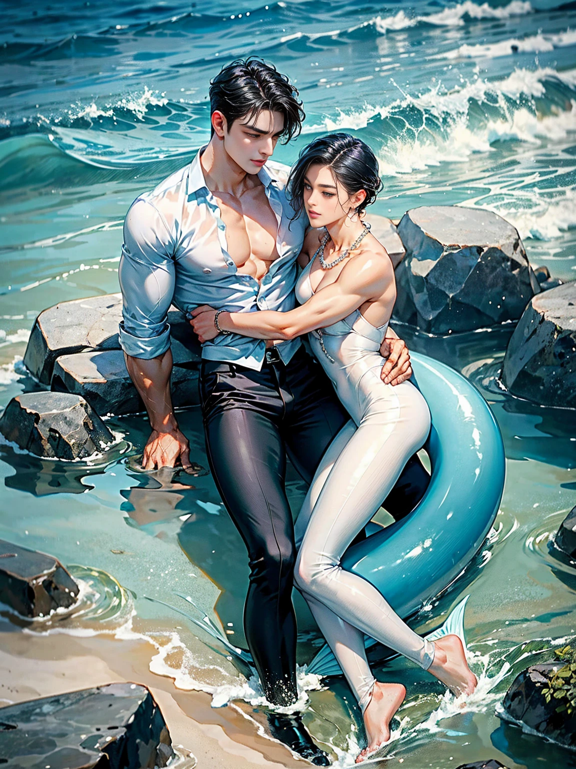 Two people, A handsome 20 years old man, little merman, sexy merman, blue tail, short hair, came from the ocean kingdom, very handsome, big eyes, masculine look, muscular, model , washed ashore, found lying on the seashore unconcious, sexy and toned body, perfectly shaved, full body, wearing pearl necklace, merman saves the human prince, human prince wearing white shirt and black pants, human prince with his black hair, merman hugs and kisses the human prince