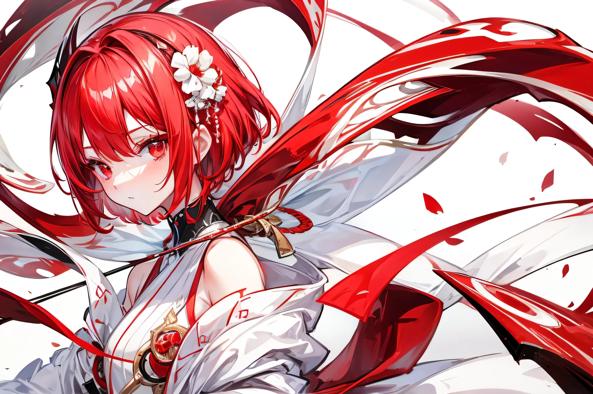 red short hair,white background,1girl,(( short red hair)), red eyes, wearing white kimono, absurdres, high res, ultrasharp, 8K, masterpiece, looking at viewer,from side,upper body,white hairpin,