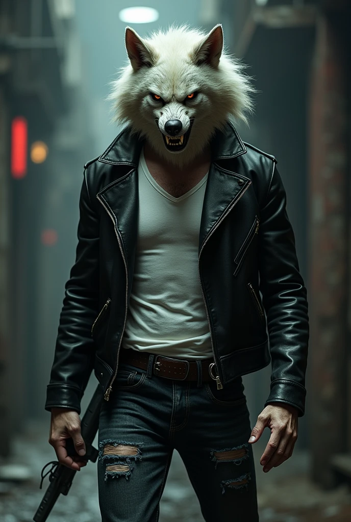 A pale vampire with a human body and a werewolf-headed hybrid, with a muscular body and wearing a black leather jacket with a white ripped t-shirt underneath and jeans with a belt where he carries a sword
