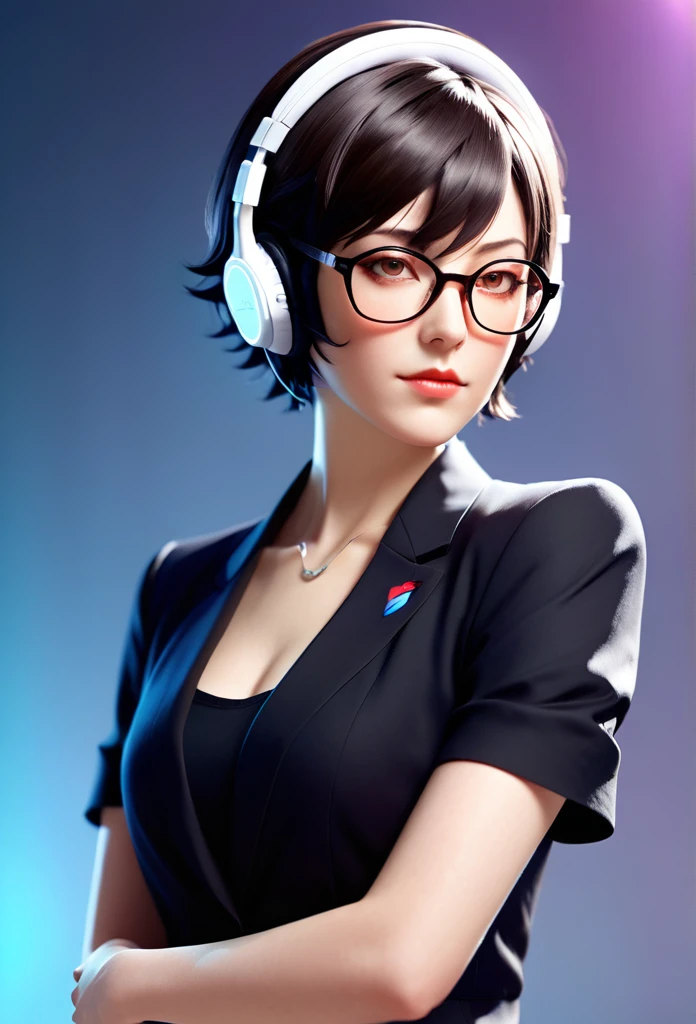 A original character, a adult woman, with a maternal yet alluring gaze. Dressed formally with a touch of sportiness, wearing headphones and glasses. Short hair, strongly inspired by Tae Takemi from Persona 5. Striking a dynamic pose with multiple points of light, featuring calm colors.