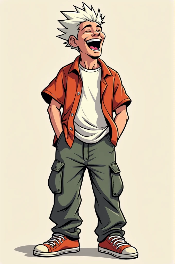Make a streetwear style t-shirt design of a cartoon man. He's wearing cargo pants and a loose shirt, his hair is white and spiky, and he's laughing a lot.